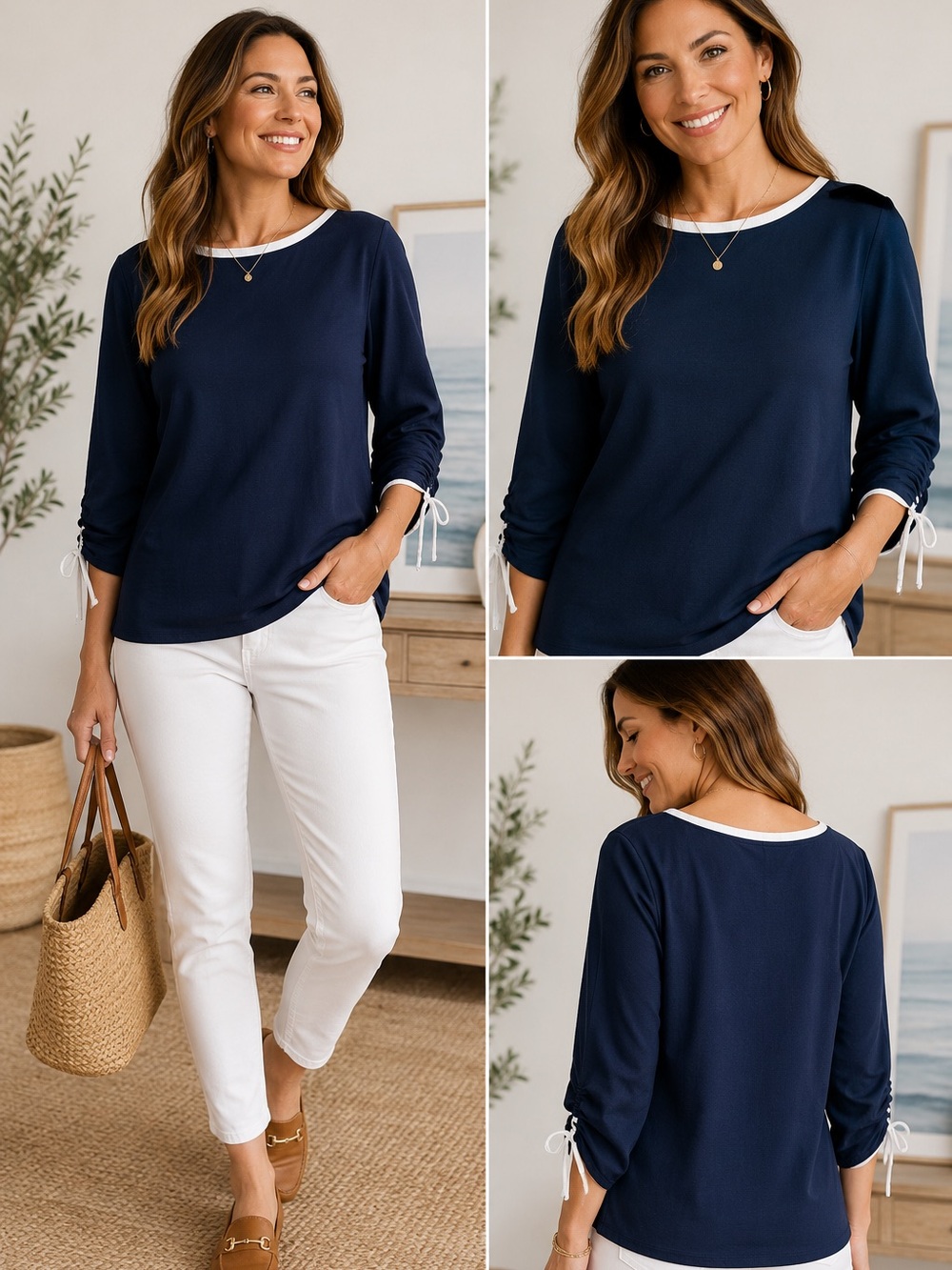 Talbots Navy Blue & White Nautical Boat Neck Top Ruched Tie Sleeves Size‎ Medium